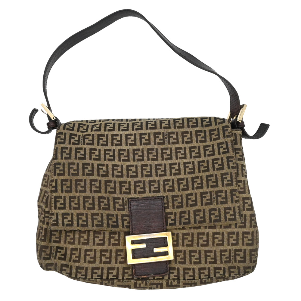 Fendi Brown Monogram Zucca Canvas Shoulder Bag with Gold Buckle